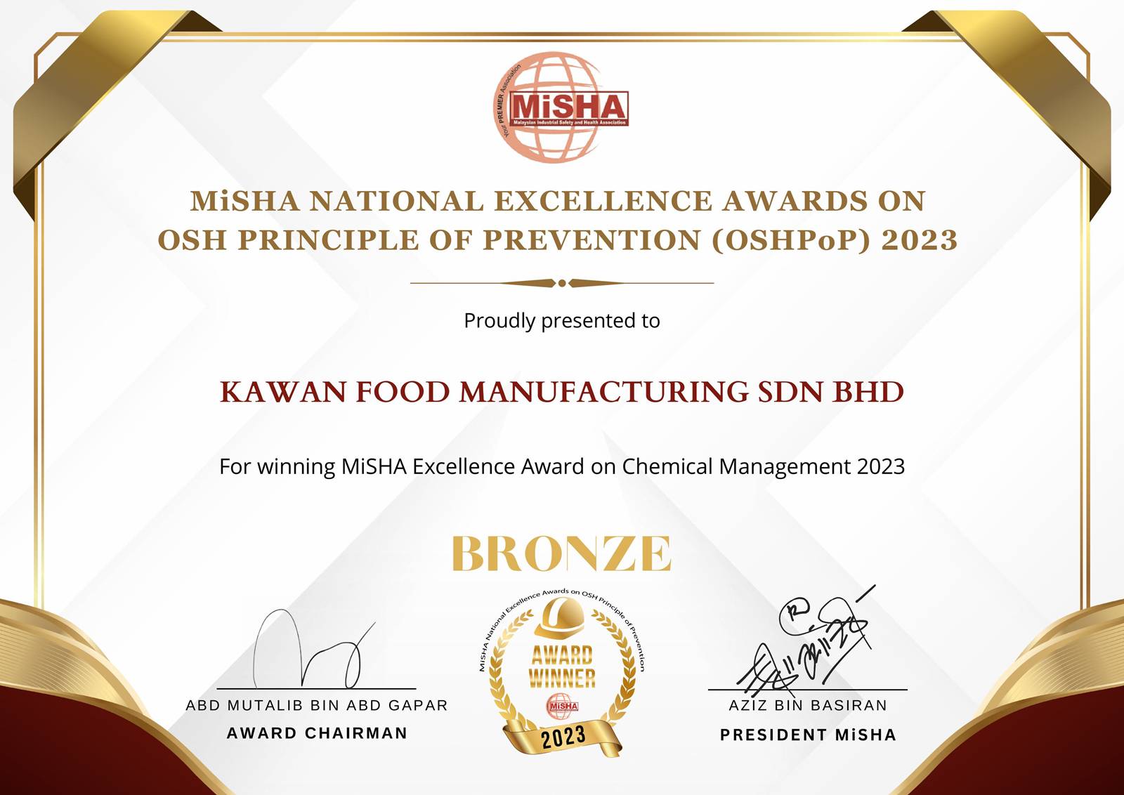 MiSHA Excellence Award on Chemical Management 2023